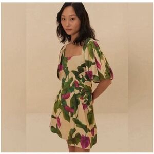 New Farm Rio Anthurium Leaves Puff Sleeve Mini Dress Large L